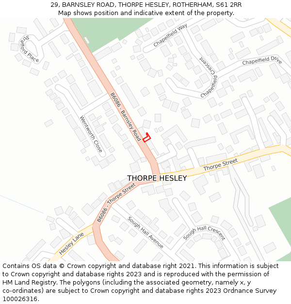 29, BARNSLEY ROAD, THORPE HESLEY, ROTHERHAM, S61 2RR: Location map and indicative extent of plot