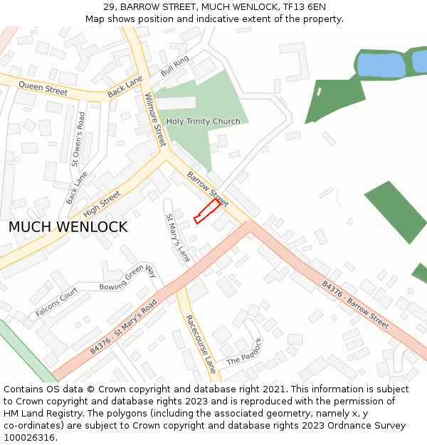 29, BARROW STREET, MUCH WENLOCK, TF13 6EN: Location map and indicative extent of plot