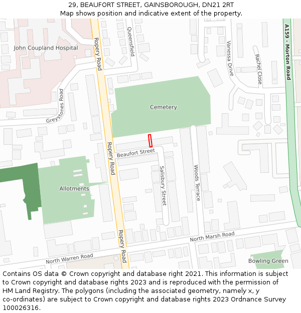 29, BEAUFORT STREET, GAINSBOROUGH, DN21 2RT: Location map and indicative extent of plot
