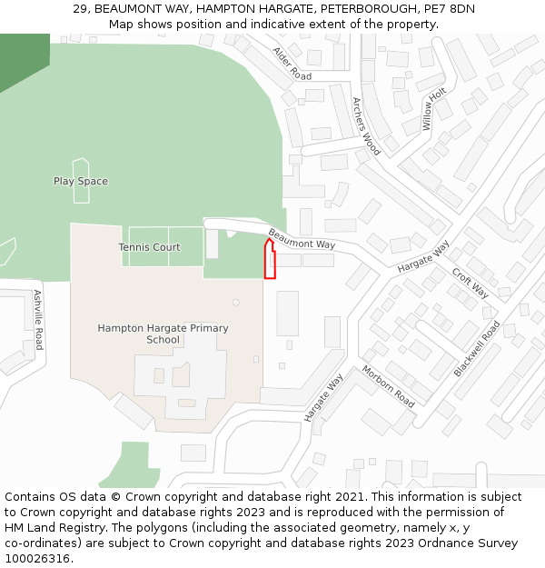 29, BEAUMONT WAY, HAMPTON HARGATE, PETERBOROUGH, PE7 8DN: Location map and indicative extent of plot