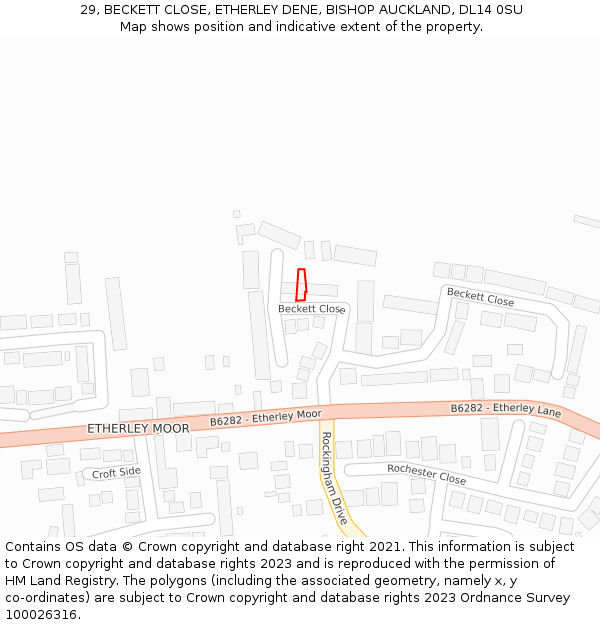 29, BECKETT CLOSE, ETHERLEY DENE, BISHOP AUCKLAND, DL14 0SU: Location map and indicative extent of plot