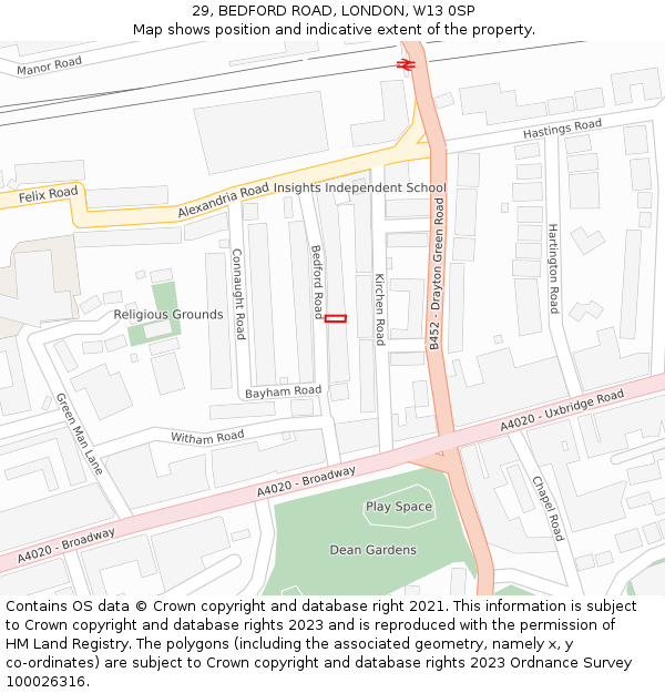 29, BEDFORD ROAD, LONDON, W13 0SP: Location map and indicative extent of plot