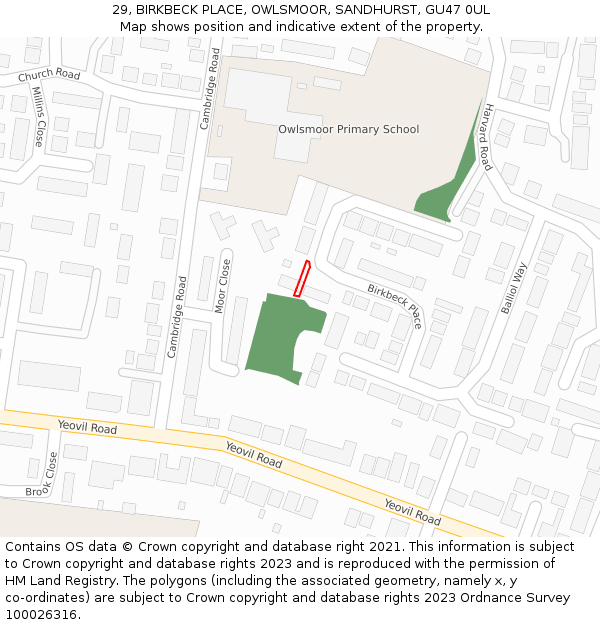 29, BIRKBECK PLACE, OWLSMOOR, SANDHURST, GU47 0UL: Location map and indicative extent of plot