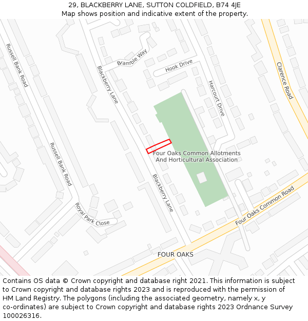 29, BLACKBERRY LANE, SUTTON COLDFIELD, B74 4JE: Location map and indicative extent of plot