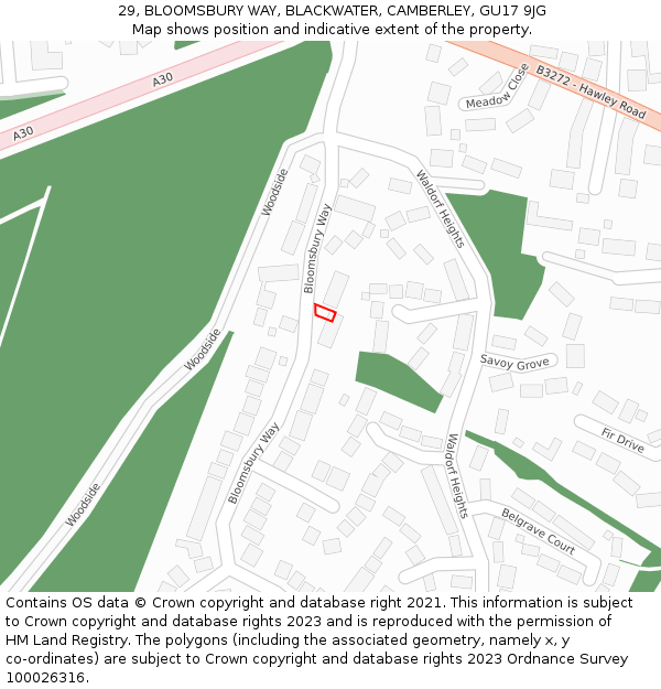 29, BLOOMSBURY WAY, BLACKWATER, CAMBERLEY, GU17 9JG: Location map and indicative extent of plot