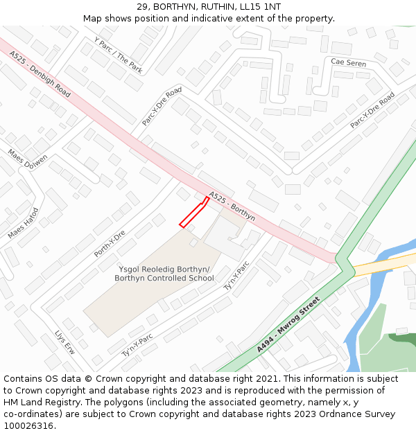 29, BORTHYN, RUTHIN, LL15 1NT: Location map and indicative extent of plot