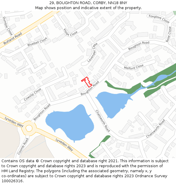 29, BOUGHTON ROAD, CORBY, NN18 8NY: Location map and indicative extent of plot