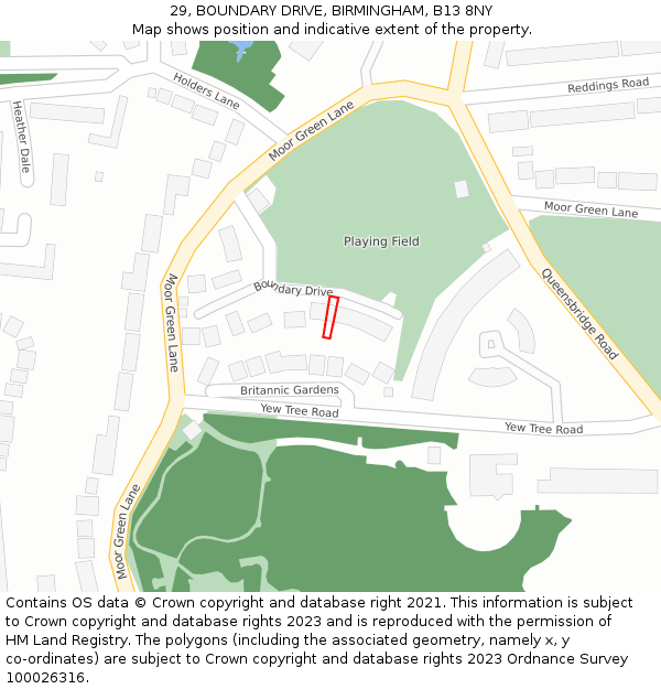 29, BOUNDARY DRIVE, BIRMINGHAM, B13 8NY: Location map and indicative extent of plot