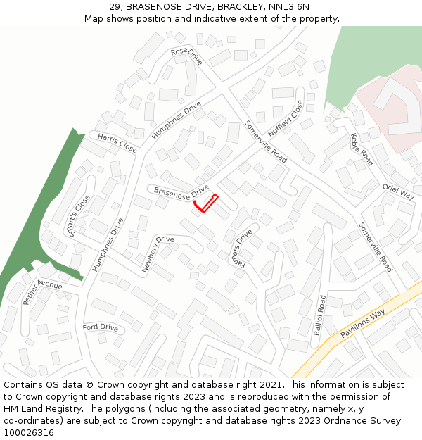 29, BRASENOSE DRIVE, BRACKLEY, NN13 6NT: Location map and indicative extent of plot
