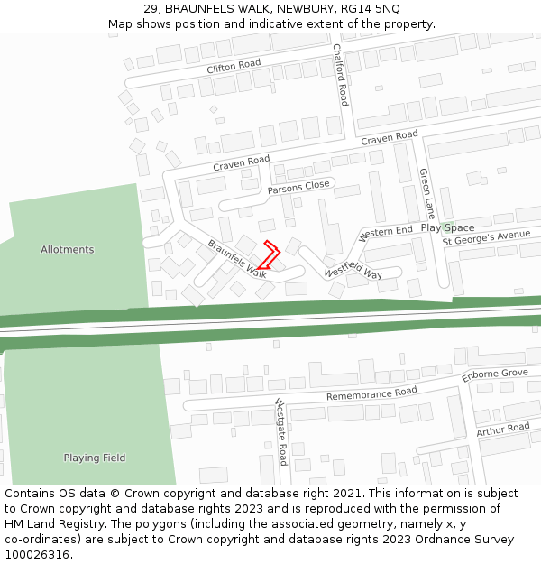 29, BRAUNFELS WALK, NEWBURY, RG14 5NQ: Location map and indicative extent of plot