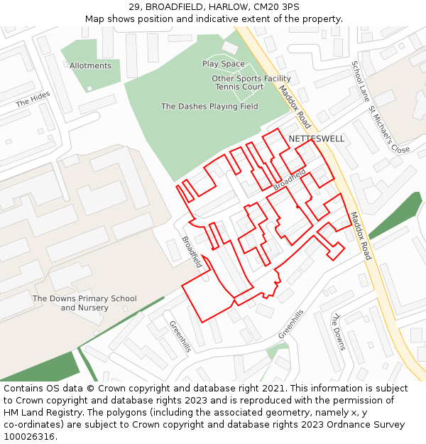 29, BROADFIELD, HARLOW, CM20 3PS: Location map and indicative extent of plot