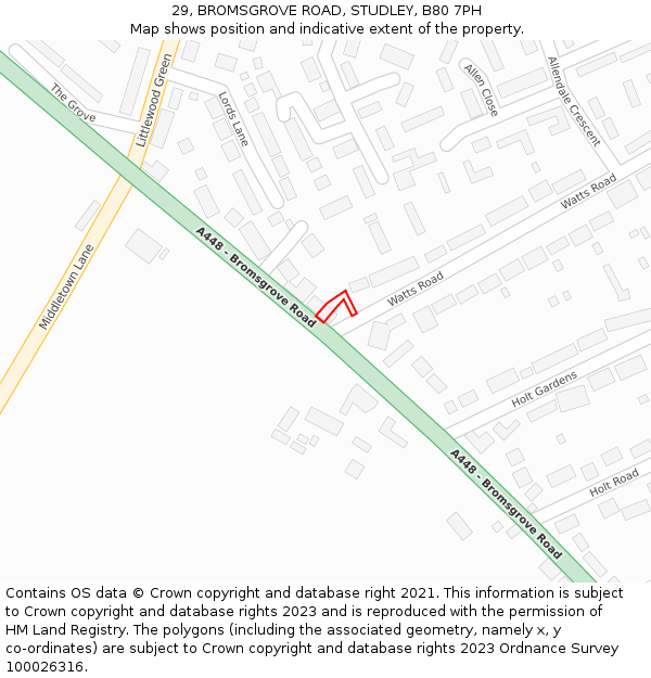29, BROMSGROVE ROAD, STUDLEY, B80 7PH: Location map and indicative extent of plot