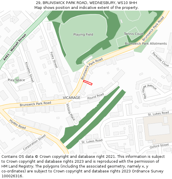 29, BRUNSWICK PARK ROAD, WEDNESBURY, WS10 9HH: Location map and indicative extent of plot