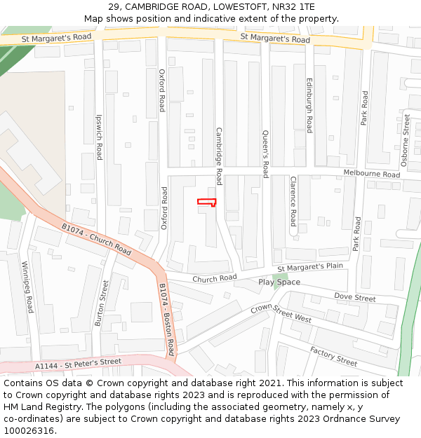 29, CAMBRIDGE ROAD, LOWESTOFT, NR32 1TE: Location map and indicative extent of plot