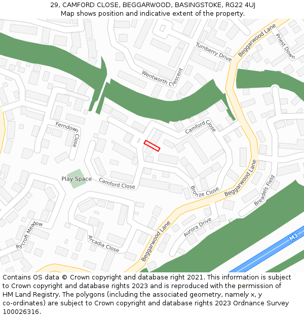 29, CAMFORD CLOSE, BEGGARWOOD, BASINGSTOKE, RG22 4UJ: Location map and indicative extent of plot