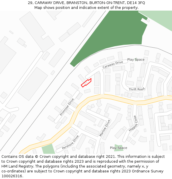29, CARAWAY DRIVE, BRANSTON, BURTON-ON-TRENT, DE14 3FQ: Location map and indicative extent of plot
