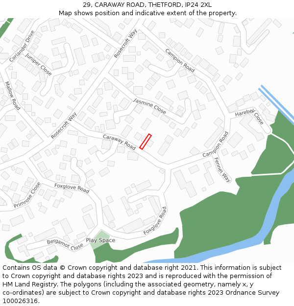 29, CARAWAY ROAD, THETFORD, IP24 2XL: Location map and indicative extent of plot