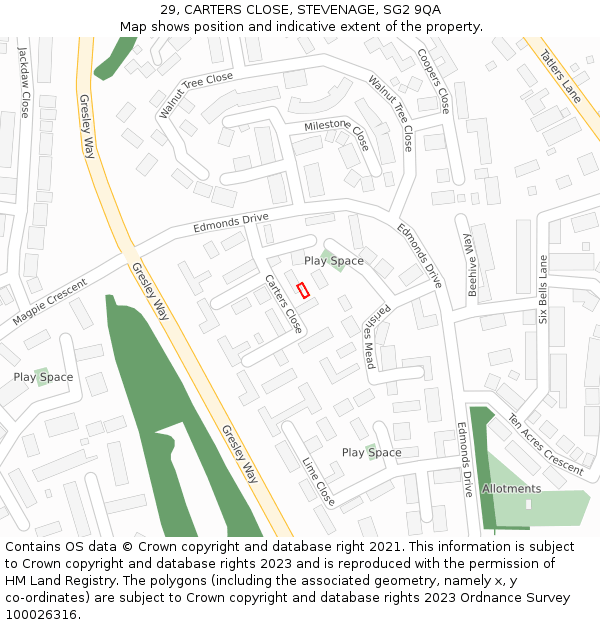 29, CARTERS CLOSE, STEVENAGE, SG2 9QA: Location map and indicative extent of plot