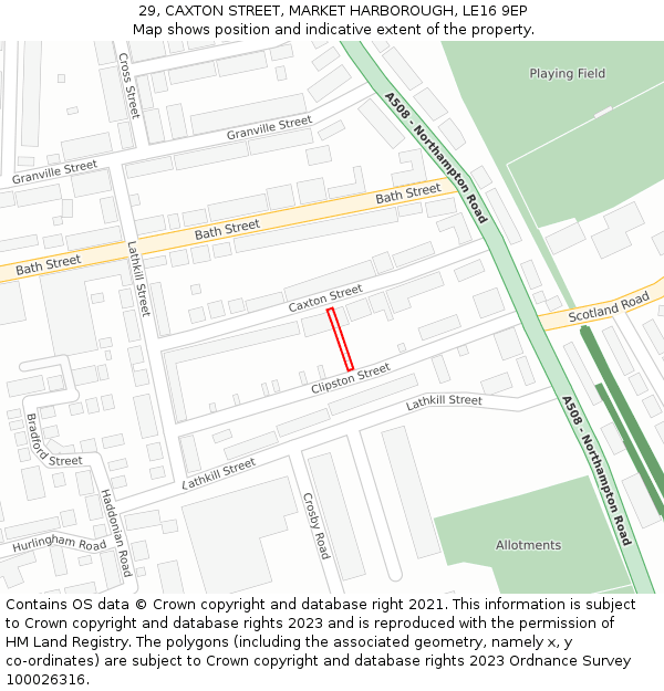 29, CAXTON STREET, MARKET HARBOROUGH, LE16 9EP: Location map and indicative extent of plot