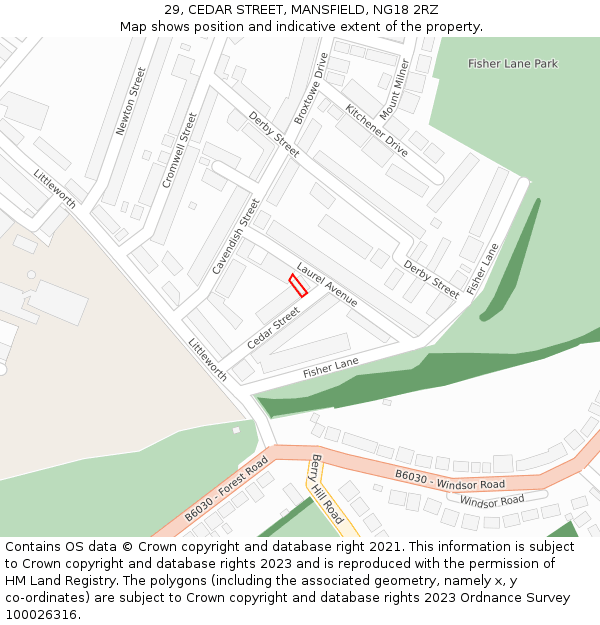 29, CEDAR STREET, MANSFIELD, NG18 2RZ: Location map and indicative extent of plot