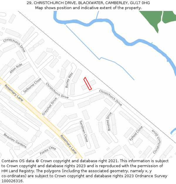 29, CHRISTCHURCH DRIVE, BLACKWATER, CAMBERLEY, GU17 0HG: Location map and indicative extent of plot