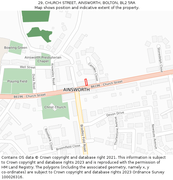 29, CHURCH STREET, AINSWORTH, BOLTON, BL2 5RA: Location map and indicative extent of plot