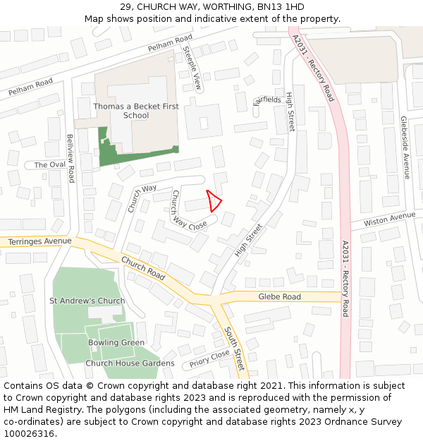 29, CHURCH WAY, WORTHING, BN13 1HD: Location map and indicative extent of plot