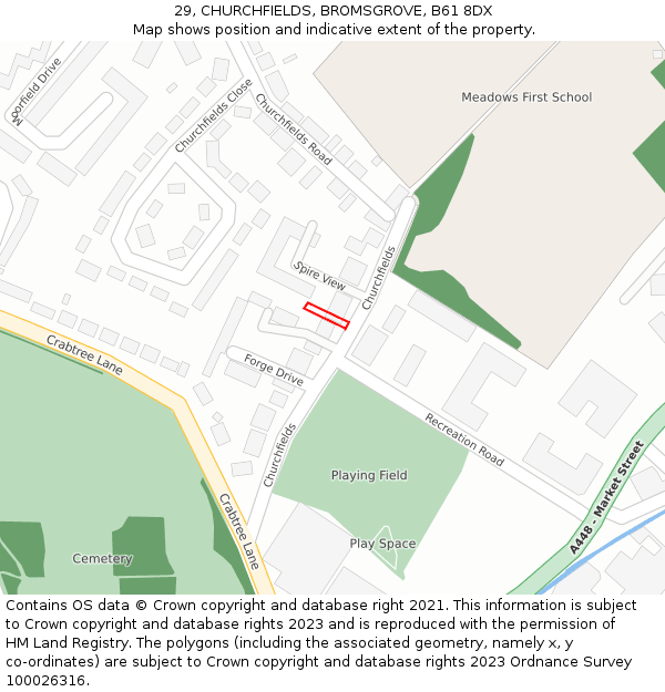 29, CHURCHFIELDS, BROMSGROVE, B61 8DX: Location map and indicative extent of plot