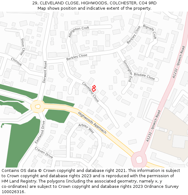 29, CLEVELAND CLOSE, HIGHWOODS, COLCHESTER, CO4 9RD: Location map and indicative extent of plot