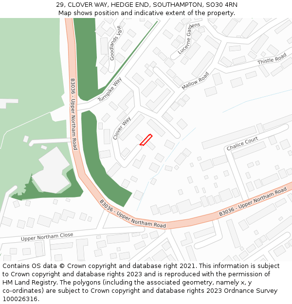 29, CLOVER WAY, HEDGE END, SOUTHAMPTON, SO30 4RN: Location map and indicative extent of plot