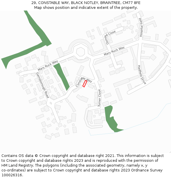 29, CONSTABLE WAY, BLACK NOTLEY, BRAINTREE, CM77 8FE: Location map and indicative extent of plot