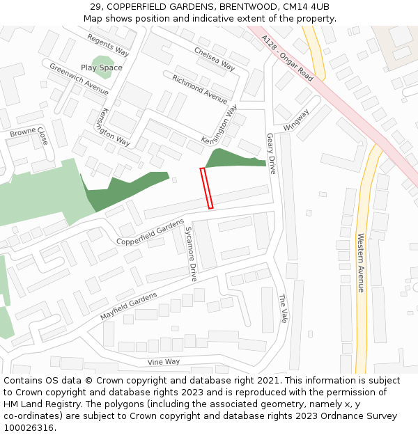 29, COPPERFIELD GARDENS, BRENTWOOD, CM14 4UB: Location map and indicative extent of plot