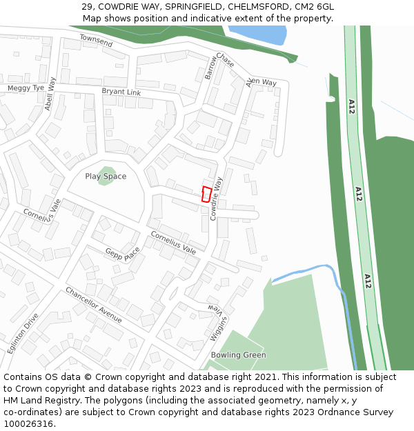 29, COWDRIE WAY, SPRINGFIELD, CHELMSFORD, CM2 6GL: Location map and indicative extent of plot
