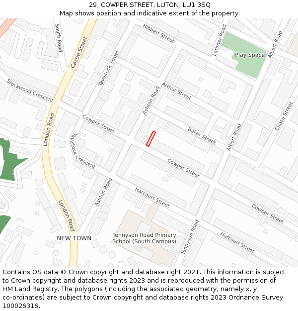 29, COWPER STREET, LUTON, LU1 3SQ: Location map and indicative extent of plot