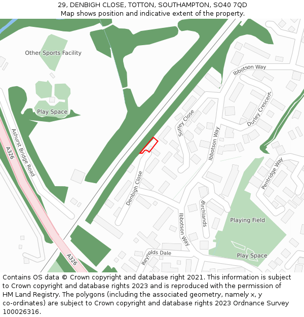 29, DENBIGH CLOSE, TOTTON, SOUTHAMPTON, SO40 7QD: Location map and indicative extent of plot