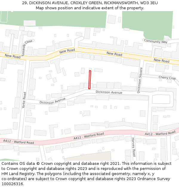 29, DICKINSON AVENUE, CROXLEY GREEN, RICKMANSWORTH, WD3 3EU: Location map and indicative extent of plot