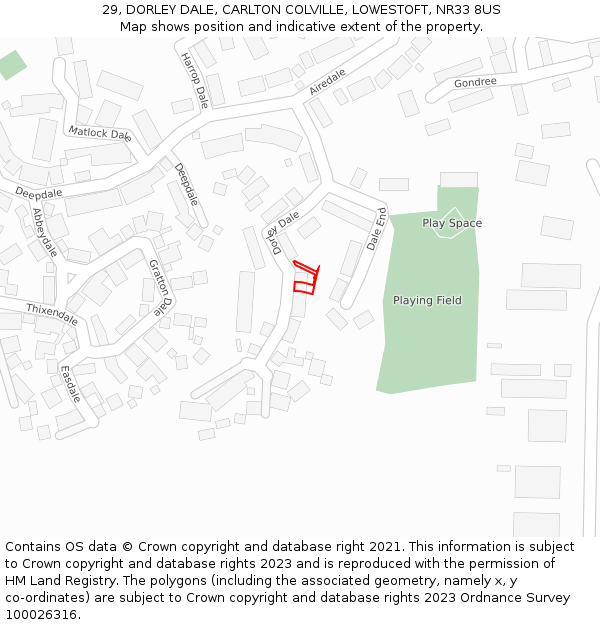 29, DORLEY DALE, CARLTON COLVILLE, LOWESTOFT, NR33 8US: Location map and indicative extent of plot