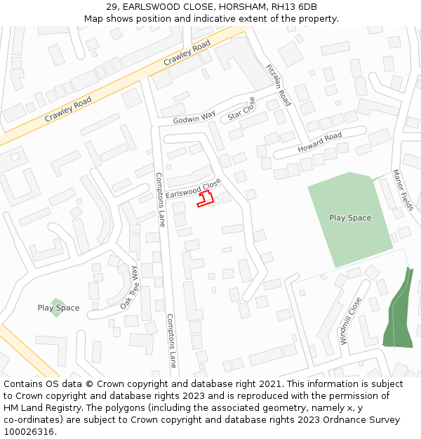 29, EARLSWOOD CLOSE, HORSHAM, RH13 6DB: Location map and indicative extent of plot