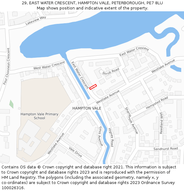 29, EAST WATER CRESCENT, HAMPTON VALE, PETERBOROUGH, PE7 8LU: Location map and indicative extent of plot