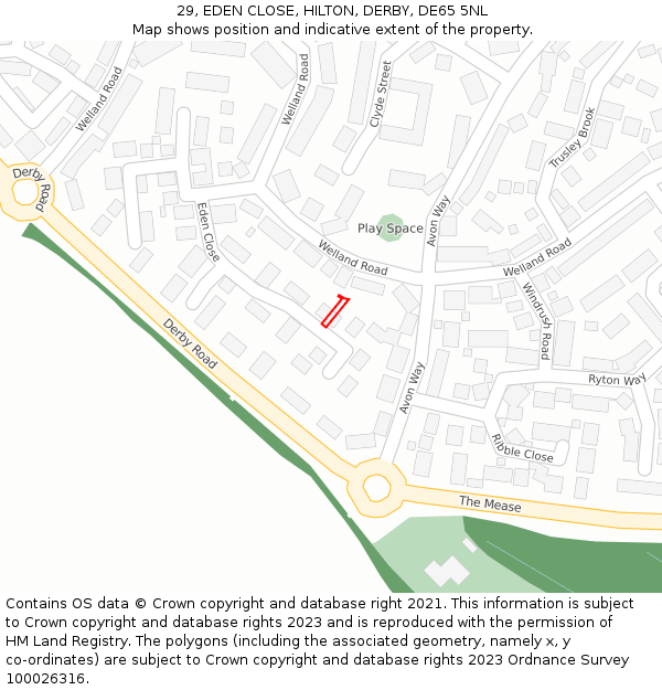 29, EDEN CLOSE, HILTON, DERBY, DE65 5NL: Location map and indicative extent of plot