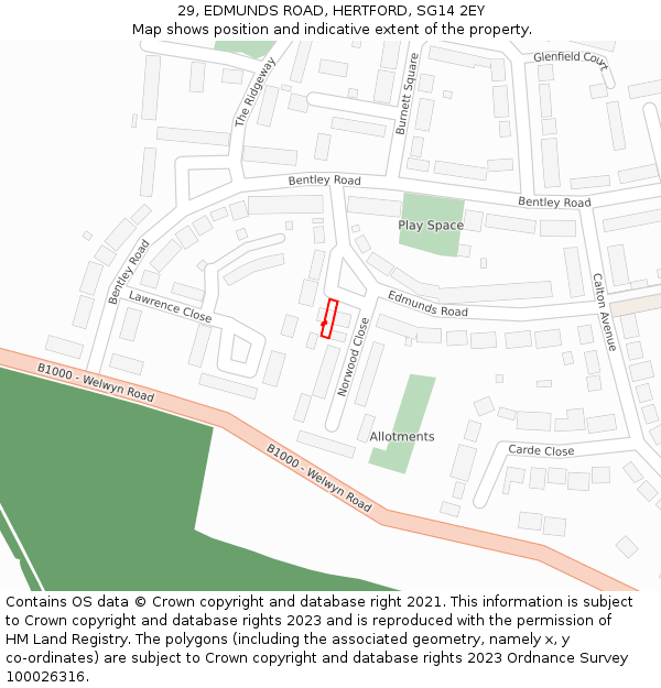 29, EDMUNDS ROAD, HERTFORD, SG14 2EY: Location map and indicative extent of plot