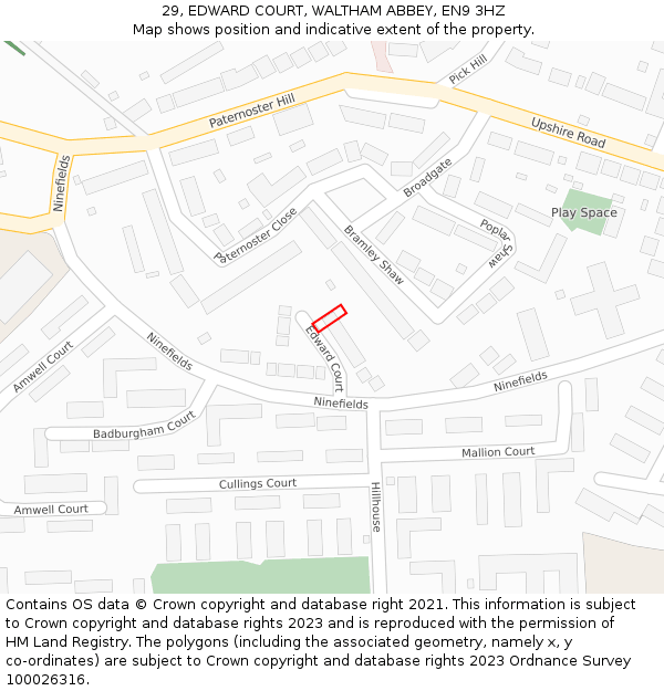 29, EDWARD COURT, WALTHAM ABBEY, EN9 3HZ: Location map and indicative extent of plot