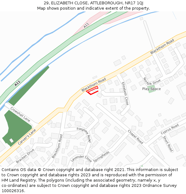 29, ELIZABETH CLOSE, ATTLEBOROUGH, NR17 1QJ: Location map and indicative extent of plot