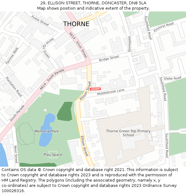 29, ELLISON STREET, THORNE, DONCASTER, DN8 5LA: Location map and indicative extent of plot