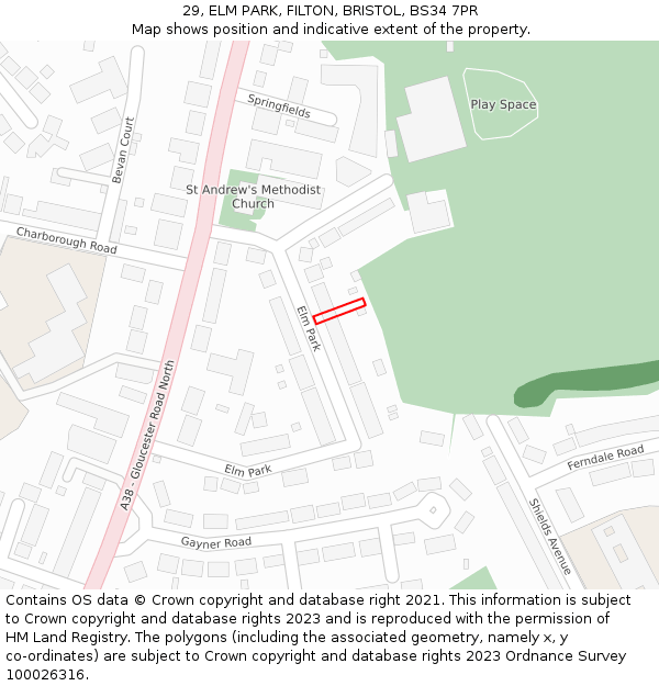 29, ELM PARK, FILTON, BRISTOL, BS34 7PR: Location map and indicative extent of plot