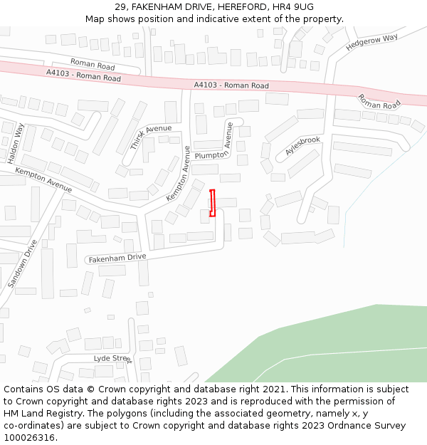 29, FAKENHAM DRIVE, HEREFORD, HR4 9UG: Location map and indicative extent of plot