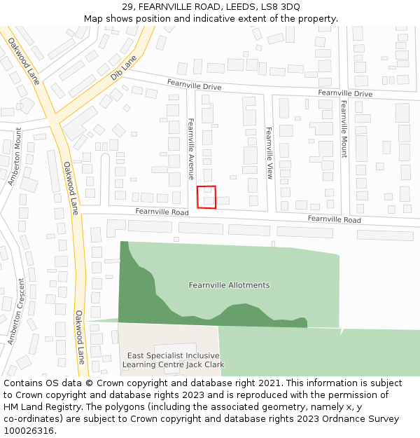 29, FEARNVILLE ROAD, LEEDS, LS8 3DQ: Location map and indicative extent of plot