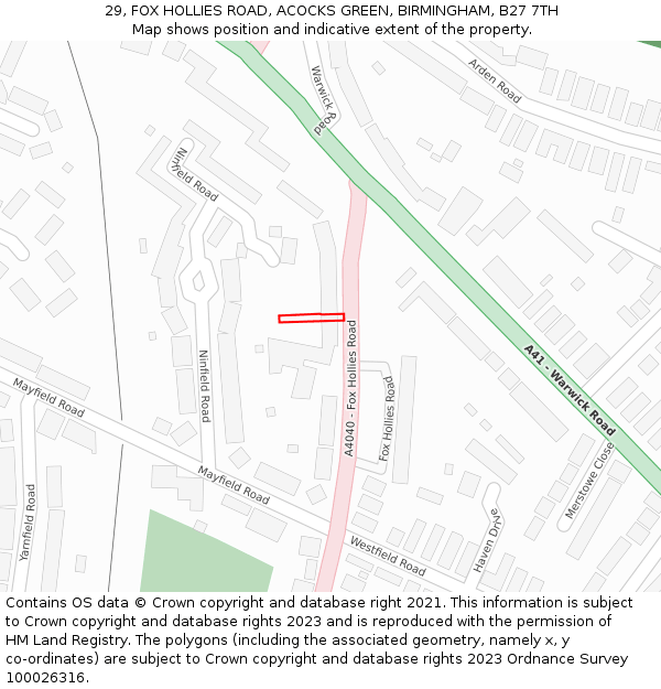 29, FOX HOLLIES ROAD, ACOCKS GREEN, BIRMINGHAM, B27 7TH: Location map and indicative extent of plot