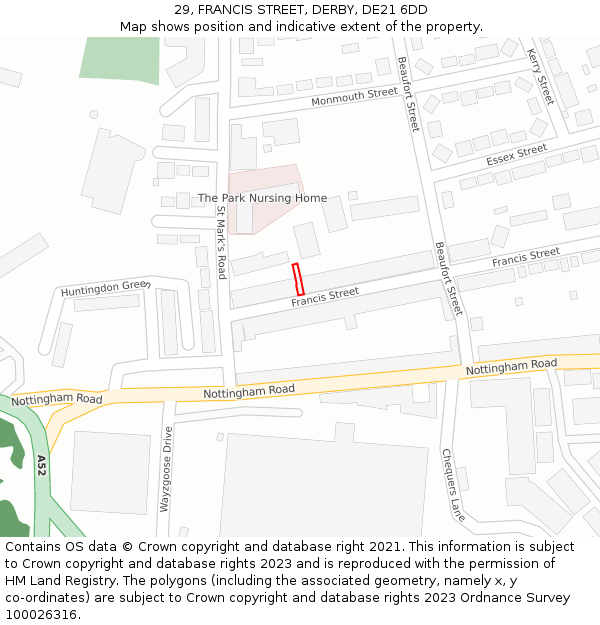 29, FRANCIS STREET, DERBY, DE21 6DD: Location map and indicative extent of plot