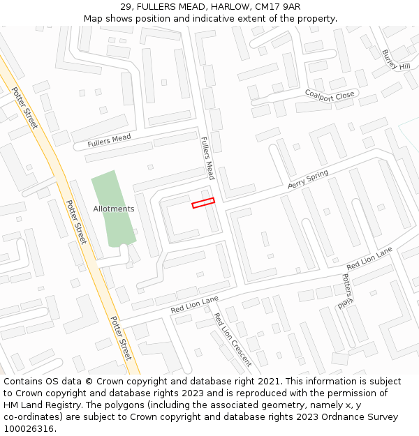 29, FULLERS MEAD, HARLOW, CM17 9AR: Location map and indicative extent of plot